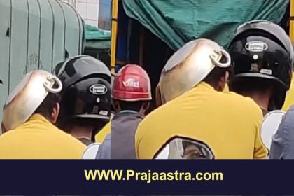 ಕಡಾಯಿ ಹೆಲ್ಮೆಟ್ ಮಾಡಿಕೊಂಡ ಬೈಕ್ ಹಿಂಬದಿ ಸವಾರ